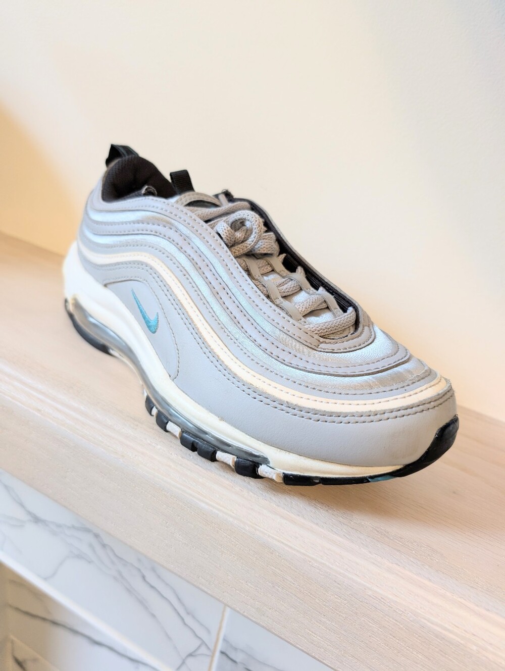 Women's Nike Air Max 97 in Wolf Gray with Aqua Swoosh